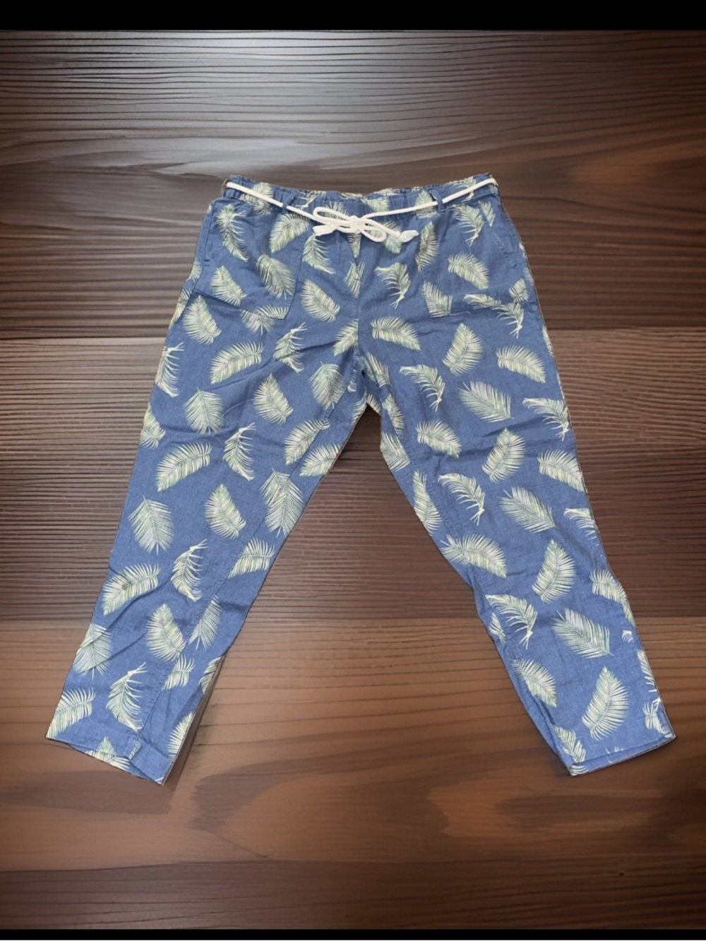 Per Se Linen Leaf Rope Thru Belt Loops Blue & White 4 Pockets Capri Pants Sz L